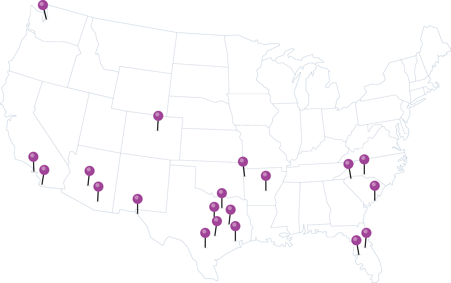 Map of the United States with pins for each location